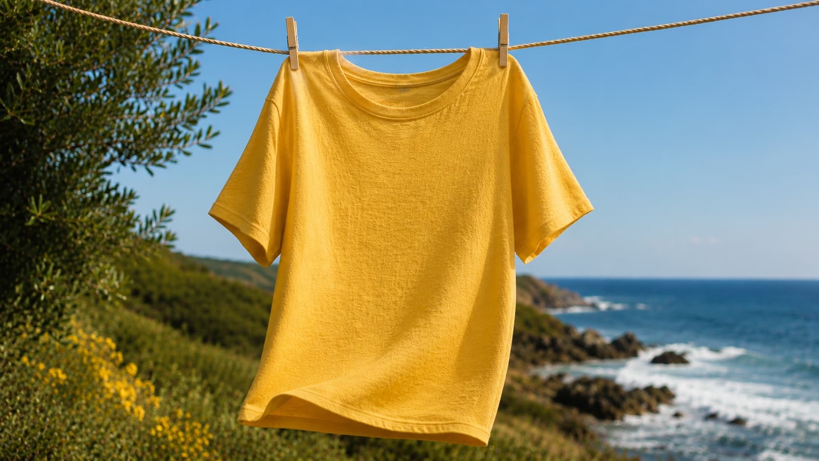 A golden-yellow hemp t-shirt drying on a clothesline above a rocky coast